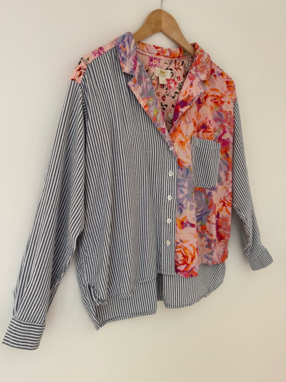 Maeve by Anthropologie The Clarissa High Low Button Down Stripe Floral Top Sz 14 - Picture 3 of 15